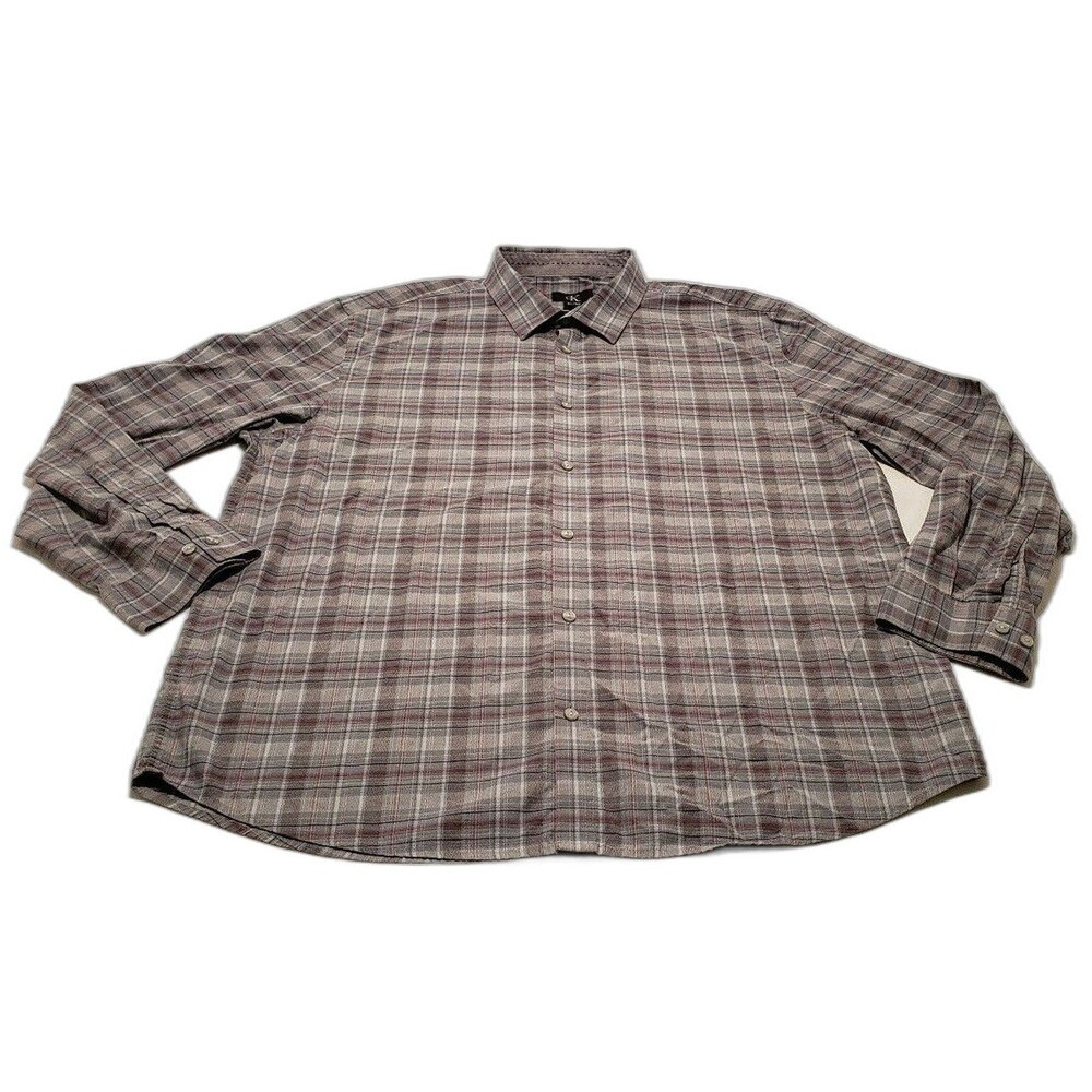 Calvin Klein CK Y2K Plaid Button Down Shirt Mens XL Gray Burgundy EUC